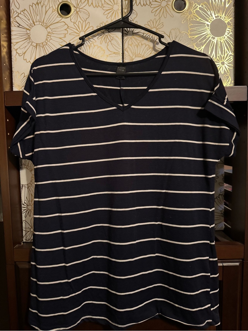 SHEIN Navy and White Striped V-Neck Tee